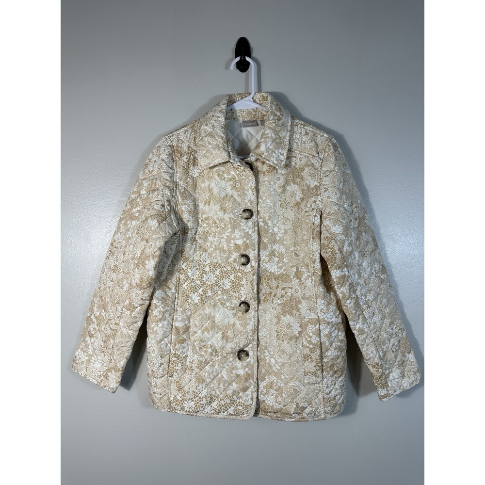 Chicos Jacket Womens 1 8/10 Beige‎ White Floral Lace Print Quilted Coat